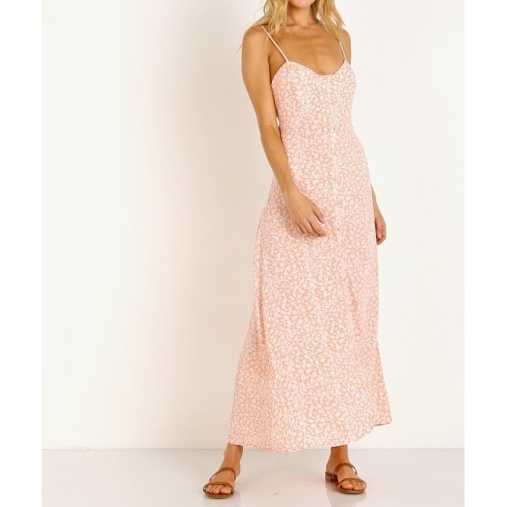 Flynn Skye Pink Floral Maxi Dress‎ Tie Front Spaghetti Straps Button Down Size L